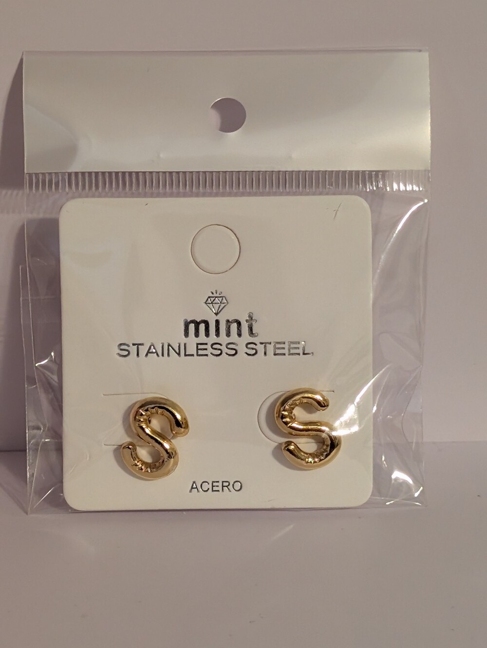 Mint Gold-Tone Initial S Stainless Steel Stud Earrings - Picture 1 of 1
